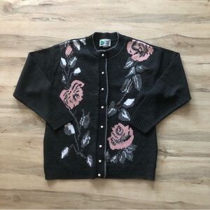 Chic Floral Cardigan in Black and Pink Cottagecore Grandmacore Peasant